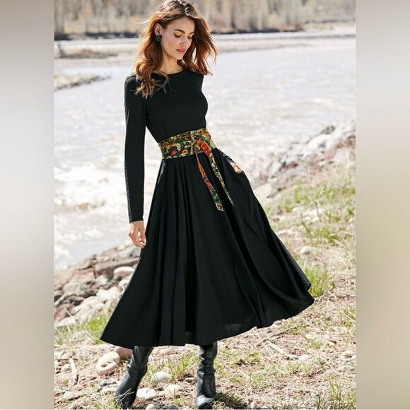 Peruvian Connection Dresses & Skirts - Peruvian Connection Anna Dress Black Fit & Flare Midi Cotton Jersey Pockets M